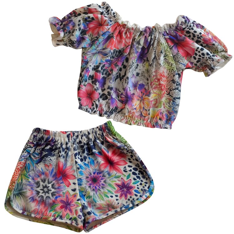 Sommer Outfit kurze Hose & bauchfreies Top für Damen Hawaii-Motiv Sommer Outfit kurze Hose & bauchfreies Top für Damen von Vorne