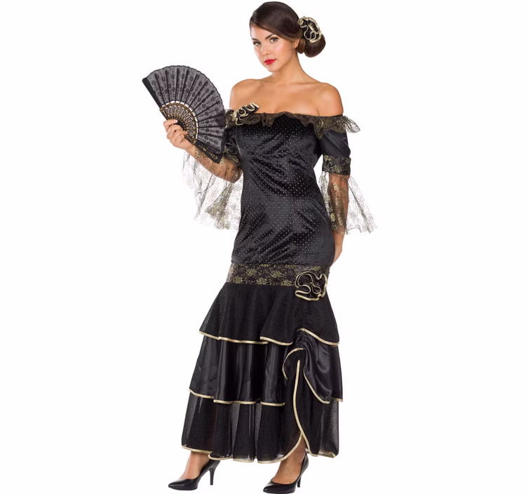 Flamenco Kostüm Damen Schwarz Gold Spanische Tänzerin mit Blume Kleid Gr. 34-40 SALE Fasching Karneval Mottoparty Flamenco-Kostüm für Damen mit schulterfreiem schwarzem Kleid, goldfarbenen Verzierungen, mehrlagigem Volantrock und passender Haarblume im spanischen Stil.