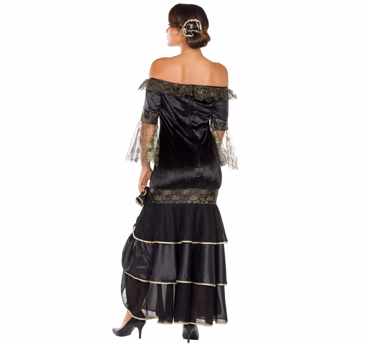 Flamenco Kostüm Damen Schwarz Gold Spanische Tänzerin mit Blume Kleid Gr. 34-40 SALE Fasching Karneval Mottoparty Flamenco Kostüm Spanierin Tänzerin für Damen Gr. 34-42 schwarz Kleid SALE Fasching Karneval Mottoparty Paarkostüm