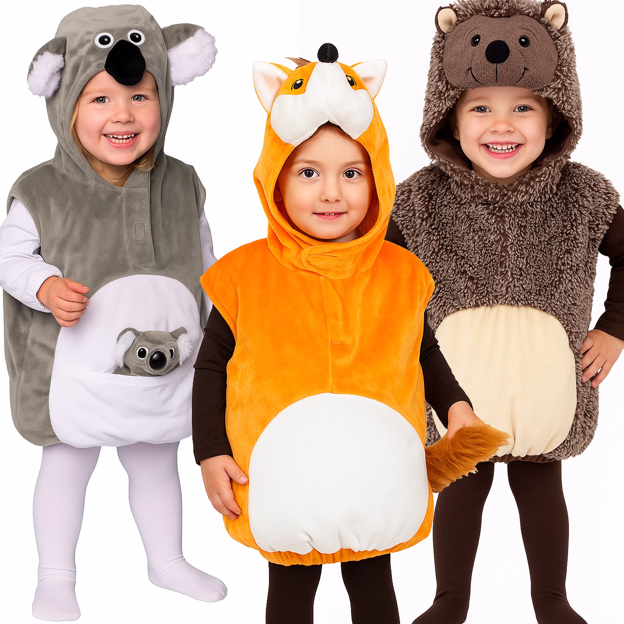 Igel Kostüm Mecky für Kinder Gr. 104-110 braun grau Tier Tierkostüm Fasching Karneval Mottoparty Kinderfasching Rollenspiel Fuchs Kostüm und dahinter Koala Kostüm und Igel Kostüm für Kinder von Vorne