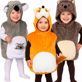 Fuchs Kostüm und dahinter Koala Kostüm und Igel Kostüm für Kinder von Vorne