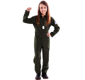 Kampfpilot Kostüm Fliegerass für Kinder 7-12 Jahre Overall grün Unisex für Mädchen und Jungen Fasching Karneval Mottoparty Kinderfasching Familienkostüm
