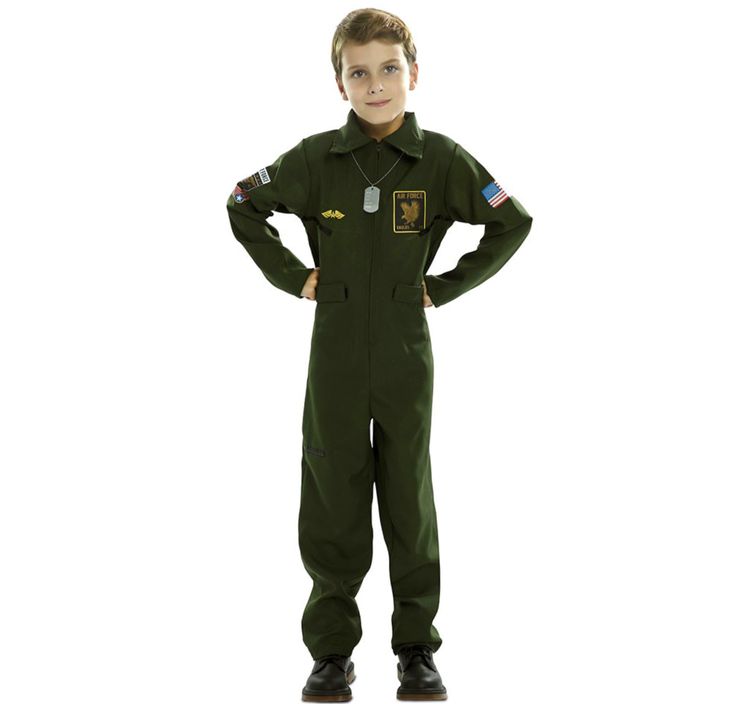 Kampfpilot Kostüm Fliegerass für Kinder 7-12 Jahre Overall grün Unisex für Mädchen und Jungen Fasching Karneval Mottoparty Kinderfasching Familienkostüm