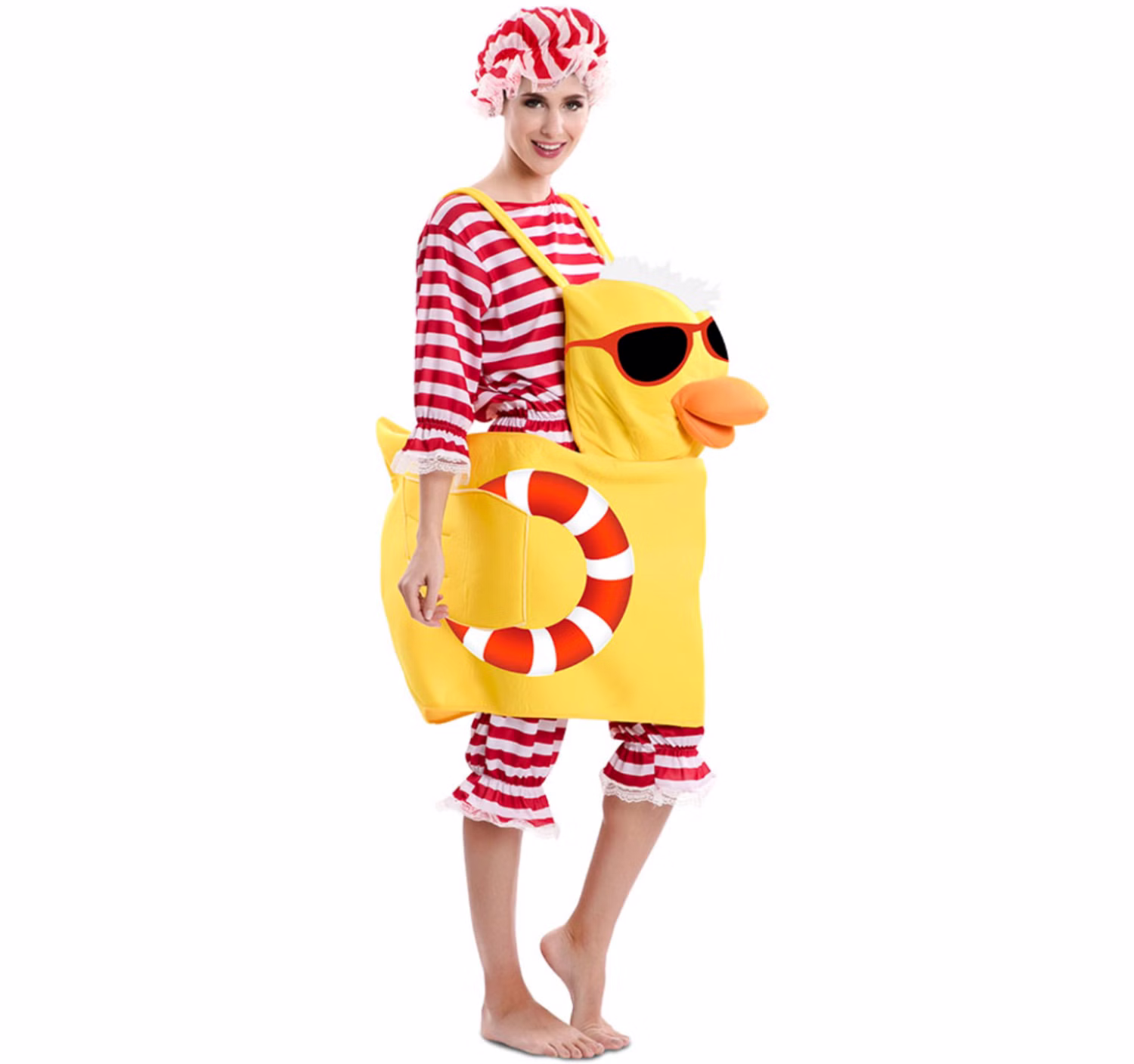 Retro Badeanzug Kostüm rot-weiß gestreift mit Badeente inkl. Badehaube für Damen Gr. 42-46 Fasching Karneval Mottoparty Retro Badeanzug Kostüm rot-weiß gestreift mit Badeente inkl. Badehaube für Damen Gr. 42-46 Fasching Karneval Mottoparty