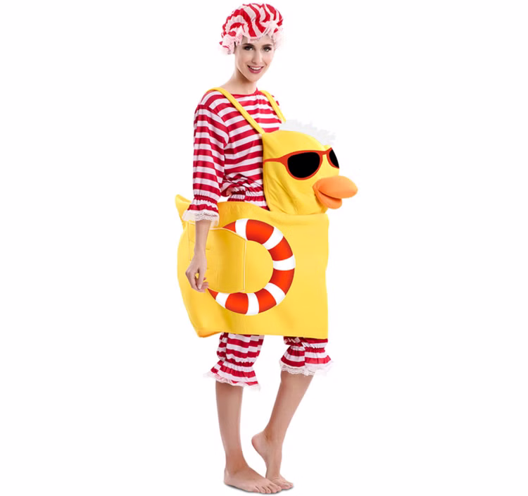 Retro Badeanzug Kostüm rot-weiß gestreift mit Badeente inkl. Badehaube für Damen Gr. 42-46 Fasching Karneval Mottoparty Retro Badeanzug Kostüm rot-weiß gestreift mit Badeente inkl. Badehaube für Damen Gr. 42-46 Fasching Karneval Mottoparty