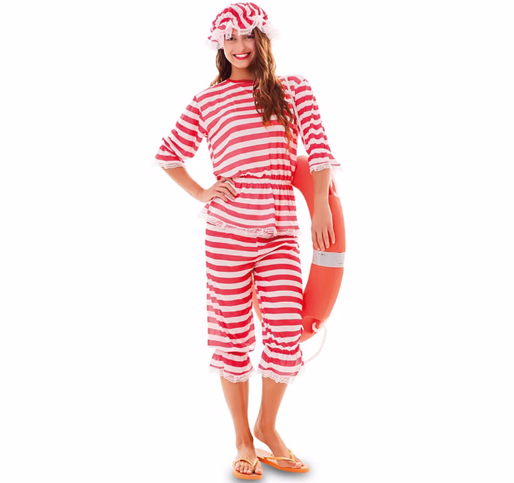 Retro Badeanzug Kostüm rot-weiß gestreift mit Badeente inkl. Badehaube für Damen Gr. 42-46 Fasching Karneval Mottoparty Retro Badeanzug Kostüm rot-weiß gestreift mit Badeente inkl. Badehaube für Damen Gr. 42-46 Fasching Karneval Mottoparty