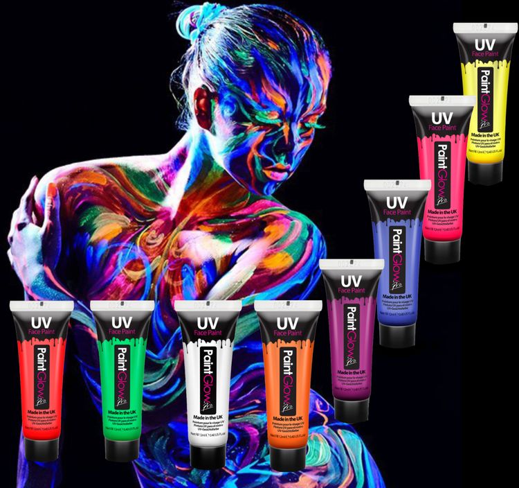 Schwarzlicht Farbe UV-Schminke Set 8 Farben Make-Up bunt Schwarzlicht Farbe UV-Schminke Set 8 Farben Make-Up bunt 96 ml rot grün lila gelb weiß orange blau rosa Kostüm-Zubehör Fasching Karneval Mottoparty