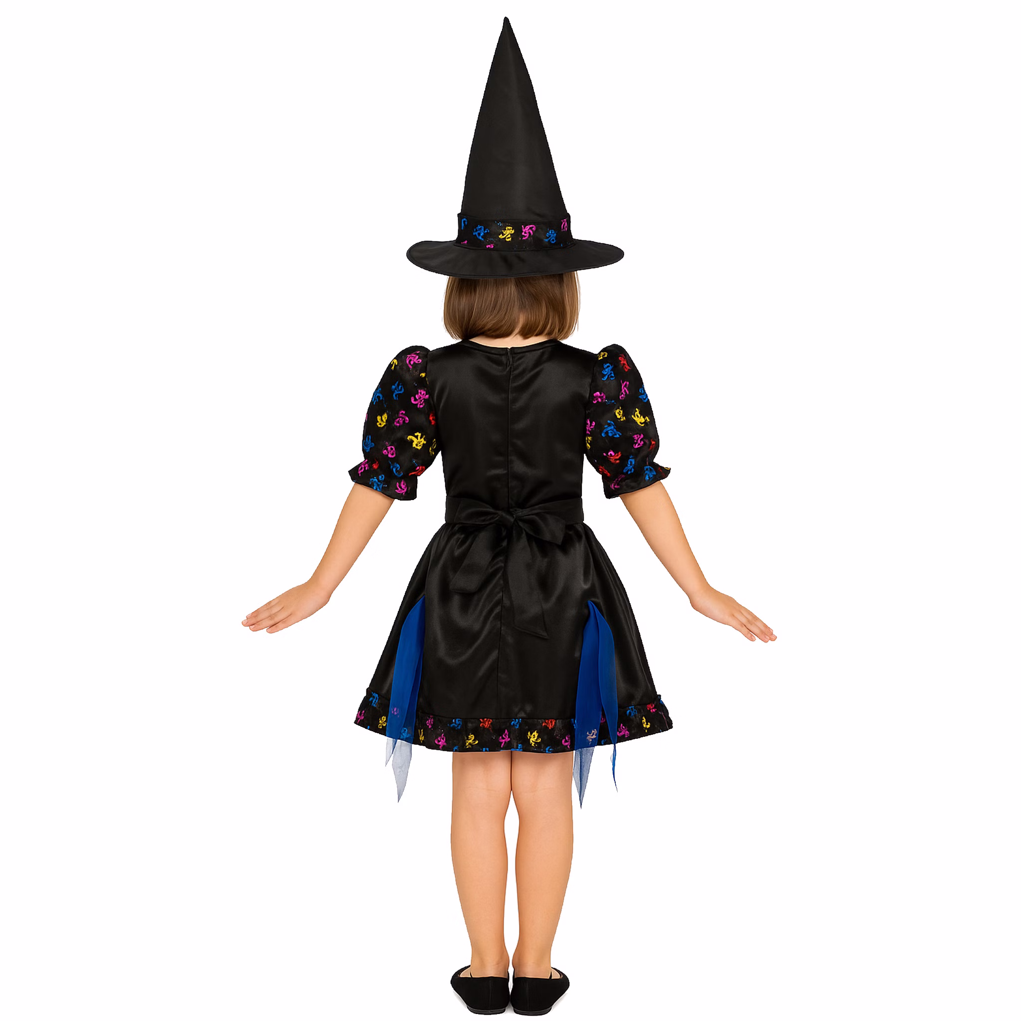 Halloween Hexen Kostüm mit Totenköpfen und Hexenhut für Kinder von Hinten