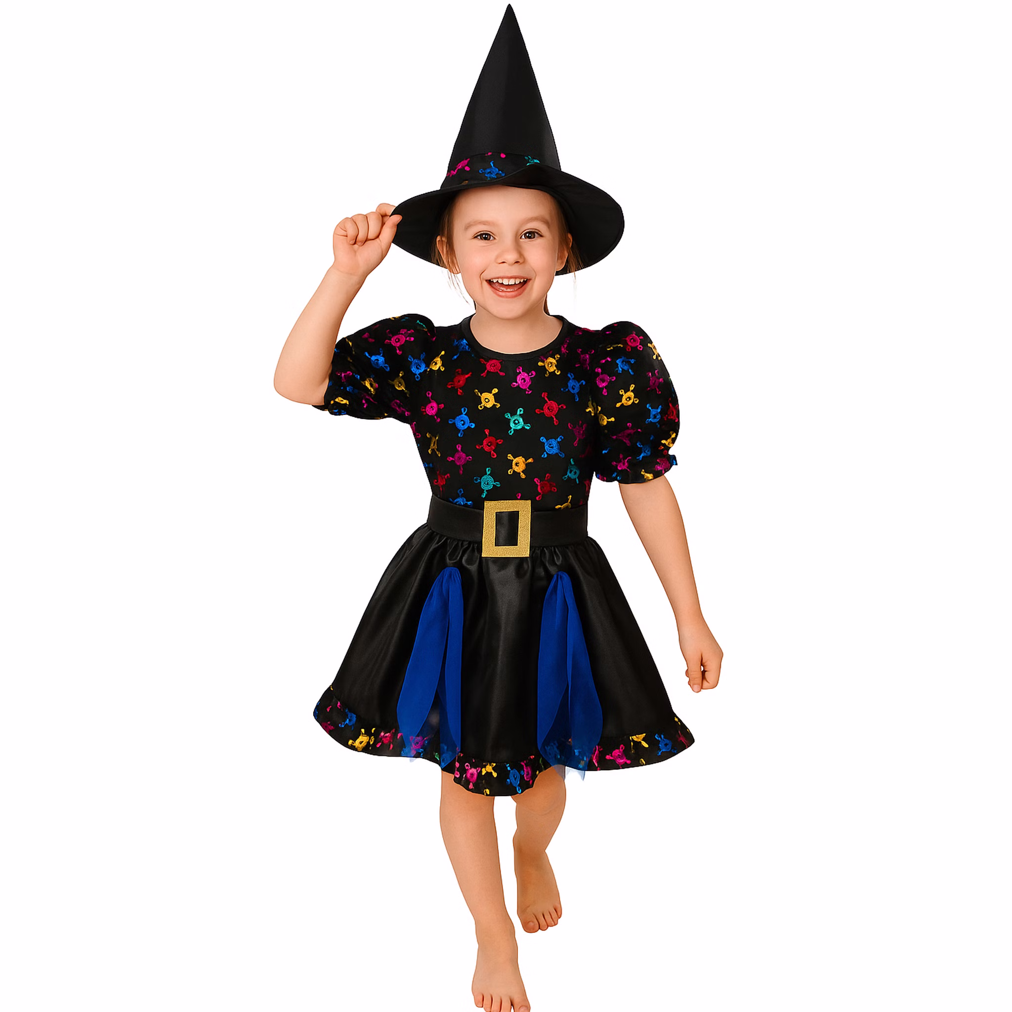 Halloween Hexen Kostüm mit Totenköpfen und Hexenhut für Kinder beim Gehen von Vorne
