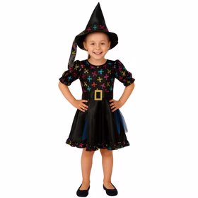 Halloween Hexen Kostüm mit Totenköpfen und Hexenhut für Kinder SALE Gr. 116-128 Kleid Halloween Karneval Fasching Mottoparty Kindergeburtstag Halloween Hexen Kostüm mit Totenköpfen und Hexenhut für Kinder von Vorne