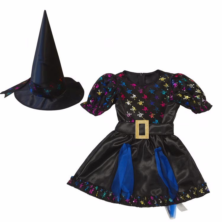 Halloween Hexen Kostüm mit Totenköpfen und Hexenhut für Kinder SALE Gr. 116-128 Kleid Halloween Karneval Fasching Mottoparty Kindergeburtstag Hexenkleid mit Hexenhut von Vorne