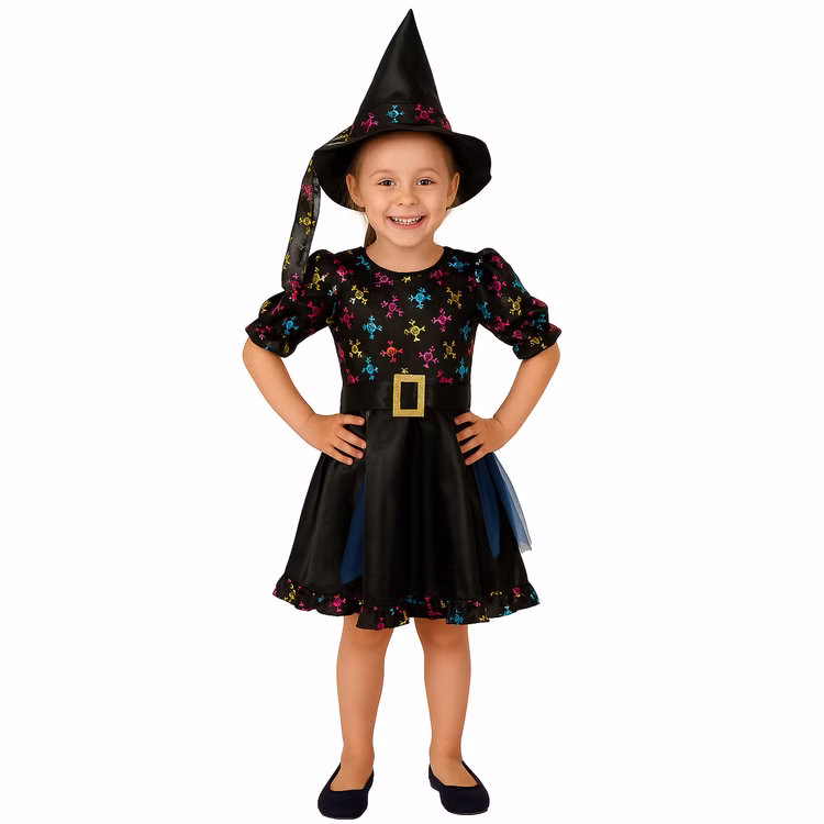 Halloween Hexen Kostüm mit Totenköpfen und Hexenhut für Kinder SALE Gr. 116-128 Kleid Halloween Karneval Fasching Mottoparty Kindergeburtstag Halloween Hexen Kostüm mit Totenköpfen und Hexenhut für Kinder von Vorne