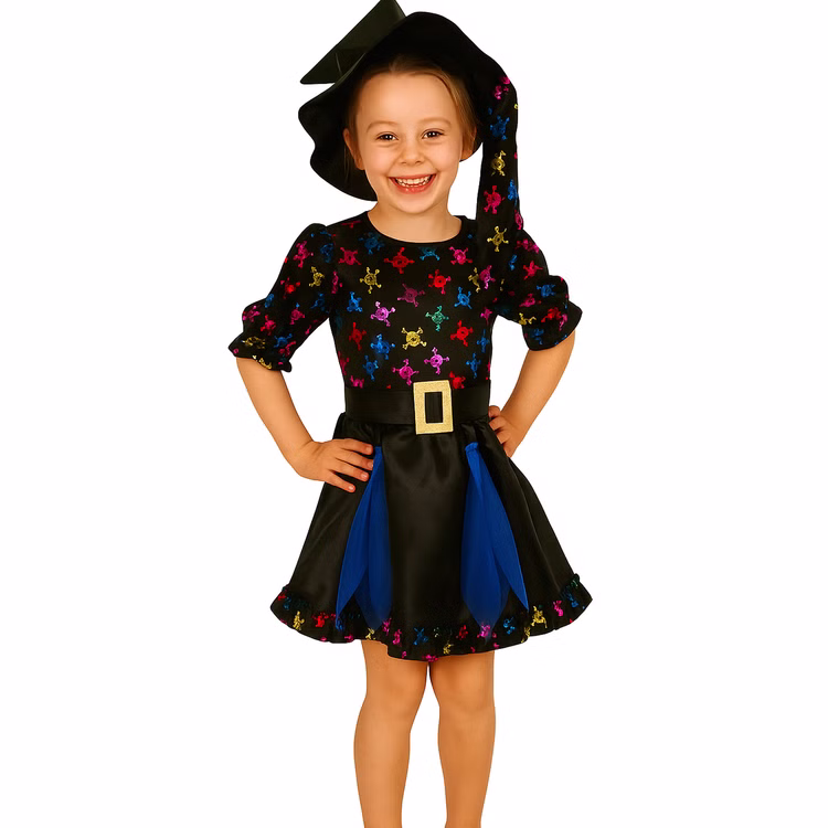 Halloween Hexen Kostüm mit Totenköpfen und Hexenhut für Kinder SALE Gr. 116-128 Kleid Halloween Karneval Fasching Mottoparty Kindergeburtstag Halloween Hexen Kostüm mit Totenköpfen und Hexenhut für Kinder von Vorne