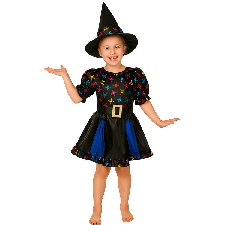 Halloween Hexen Kostüm mit Totenköpfen und Hexenhut für Kinder von Vorne