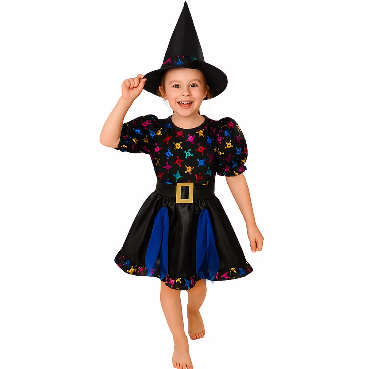 Halloween Hexen Kostüm mit Totenköpfen und Hexenhut für Kinder SALE Gr. 116-128 Kleid Halloween Karneval Fasching Mottoparty Kindergeburtstag Halloween Hexen Kostüm mit Totenköpfen und Hexenhut für Kinder beim Gehen von Vorne