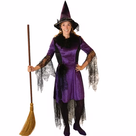 Hexen Kostüm Walpurga deluxe mit Hut für Damen SALE Gr. S-L Kleid Halloween Karneval Fasching Mottoparty Hexen Kostüm Walpurga für Damen mit Hexenbesen in der rechten Hand von Vorne
