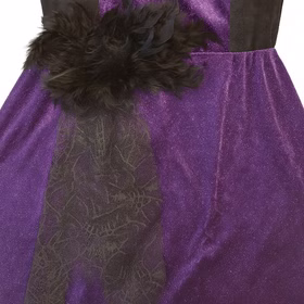 Hexen Kostüm Walpurga deluxe mit Hut für Damen SALE Gr. S-L Kleid Halloween Karneval Fasching Mottoparty Detailseite mit Federn verzierter Taillenbereich von Vorne