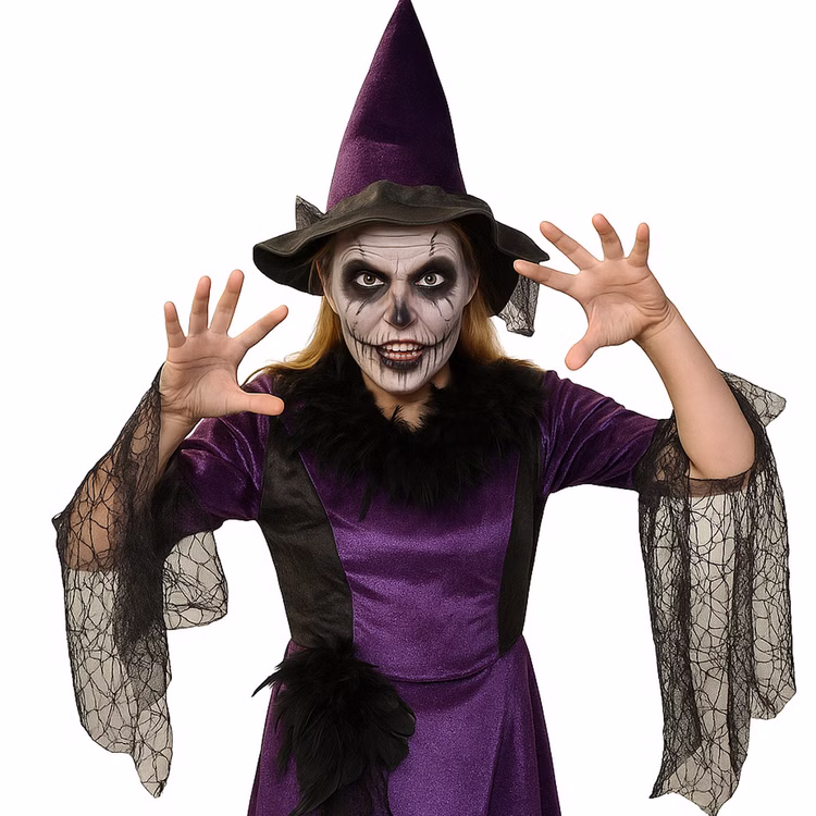 Hexen Kostüm Walpurga deluxe mit Hut für Damen SALE Gr. S-L Kleid Halloween Karneval Fasching Mottoparty Hexen Kostüm Walpurga für Damen mit Halloween-Make-Up von Vorne