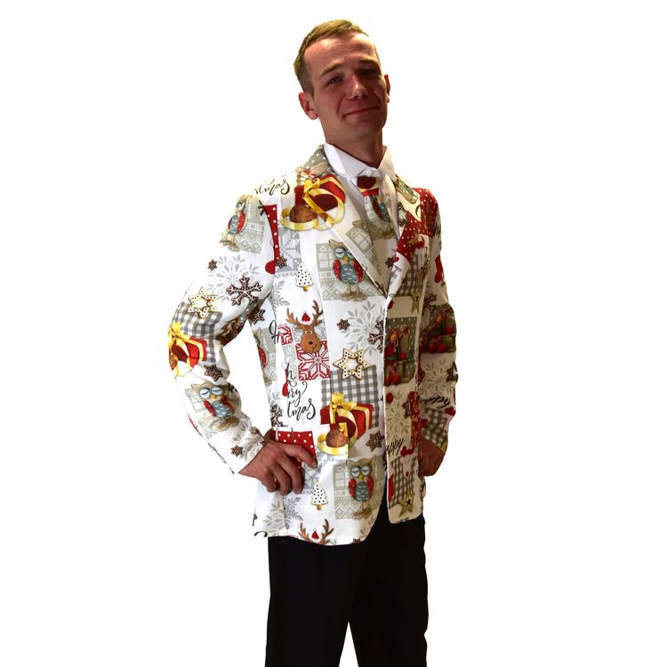Merry Christmas Jackett inkl. Krawatte weiß mit Weihnachtsmotiv für Herren Merry Christmas Jackett inkl. Krawatte für Herren Gr. 50-54 weiß Weihnachten SALE Weihnachts-Anzug Weihnchtsfeier