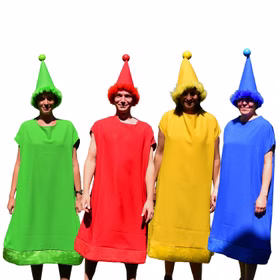 Brettspiel Kostüm nicht ärgern Spielfigur rot für Erwachsene in der Gruppe mit gelben, grünem und blauem Kostüm von Vorne