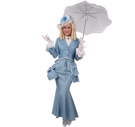 Biedermeier Kostüm Elsbeth für Damen hellblau 3-teilig Gr. 40-46 SALE Fasching Karneval Mottoparty Frau im hellblau gestreiften Outfit im Biedermeier Stil mit Schößchen, Rock und Jacke von Vorne.