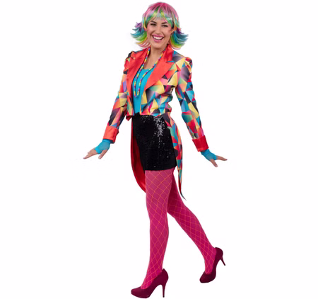 Kaleidoskop Frack bunt für Damen Karneval Kostüm Gr. 34-36 SALE Uniform Fasching Karneval Mottoparty Vorderansicht des bunten Kaleidoskop Fracks für Damen mit geometrischem Dreiecksmuster, rotem Kragen und langen Frackschößen.