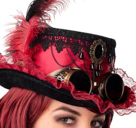 Steampunk Zylinder Gothic Hut für Damen KW 58 cm rot Kostüm-Zubehör Kopfbedeckung Fasching Karneval Mottoparty