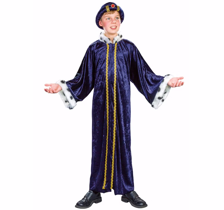 Sternsinger Kostüm Heilige Drei Könige Mantel blau für Kinder Gr. 140/152 Krippenspiel Weihnachten Fasching Karneval Mottoparty Kind im blauen Gewand aus Pannesamt mit Plüschbesatz und Kragen in Hermelinoptik von Vorne.