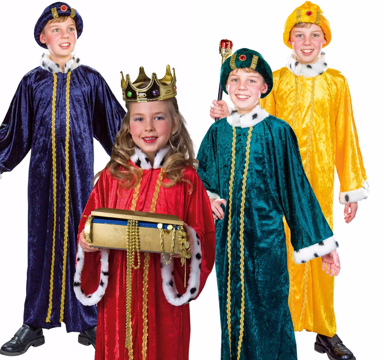 Sternsinger Kostüm Heilige Drei Könige Mantel blau für Kinder Gr. 140/152 Krippenspiel Weihnachten Fasching Karneval Mottoparty Farbübersicht der Krippenspiel-Gewänder für Kinder von Vorne.