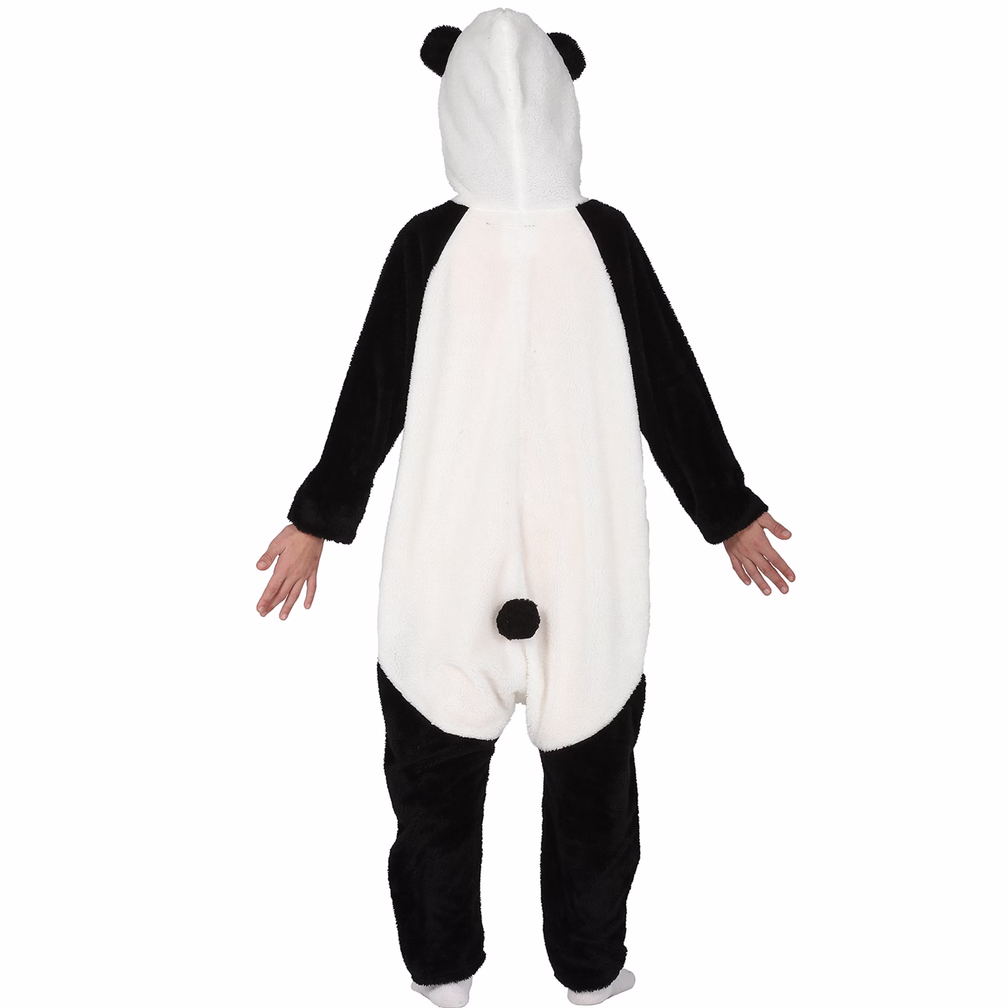 Panda Bär Kostüm Han Li für Kinder 5-12 Jahre Tier schwarz weiß China Asien Fasching Karneval Mottoparty Kinderfasching Rückansicht des Panda-Kinderkostüms mit Kapuze, schwarzem Rückenbereich und kleinem angenähtem Schwanz.