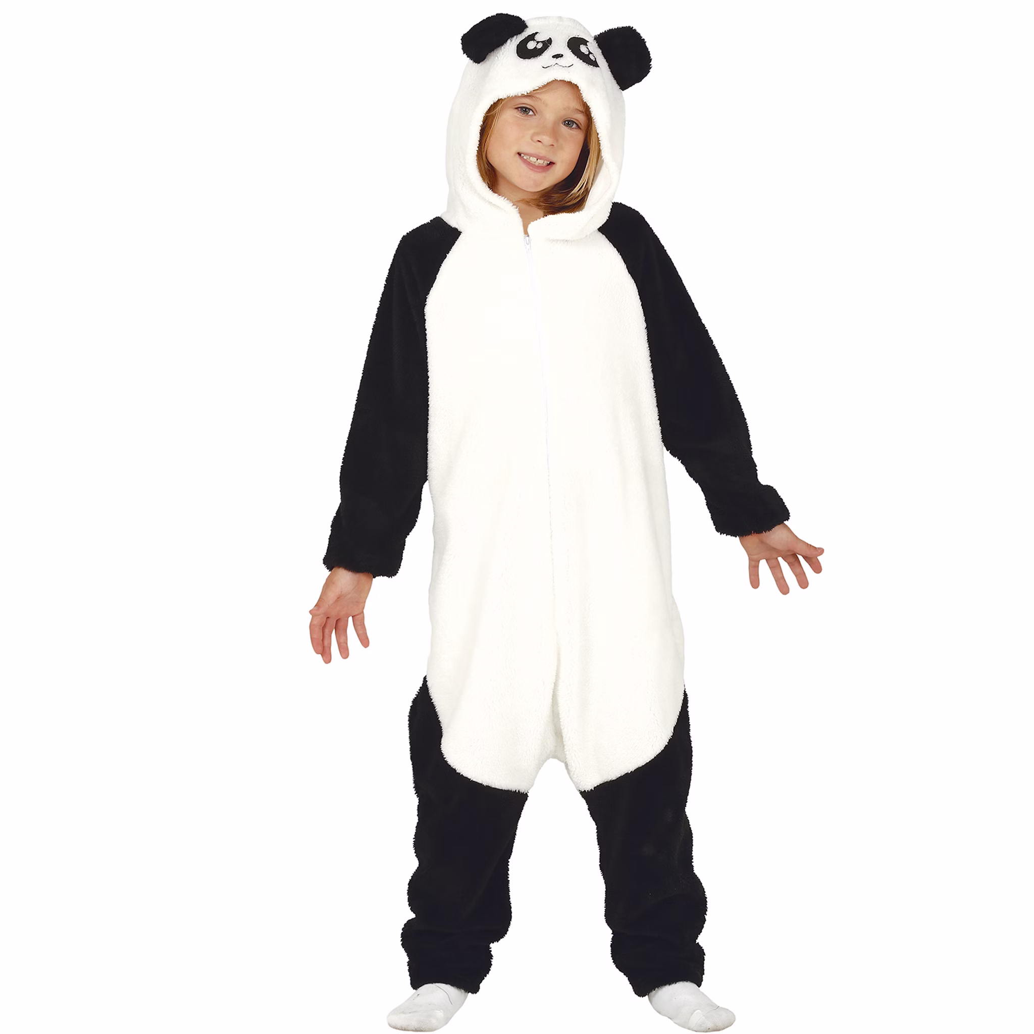 Panda Bär Kostüm Han Li für Kinder 5-12 Jahre Tier schwarz weiß China Asien Fasching Karneval Mottoparty Kinderfasching Kind im Panda-Ganzkörperkostüm steht frontal, schwarz-weißes Design mit Kapuze und langen Ärmeln.