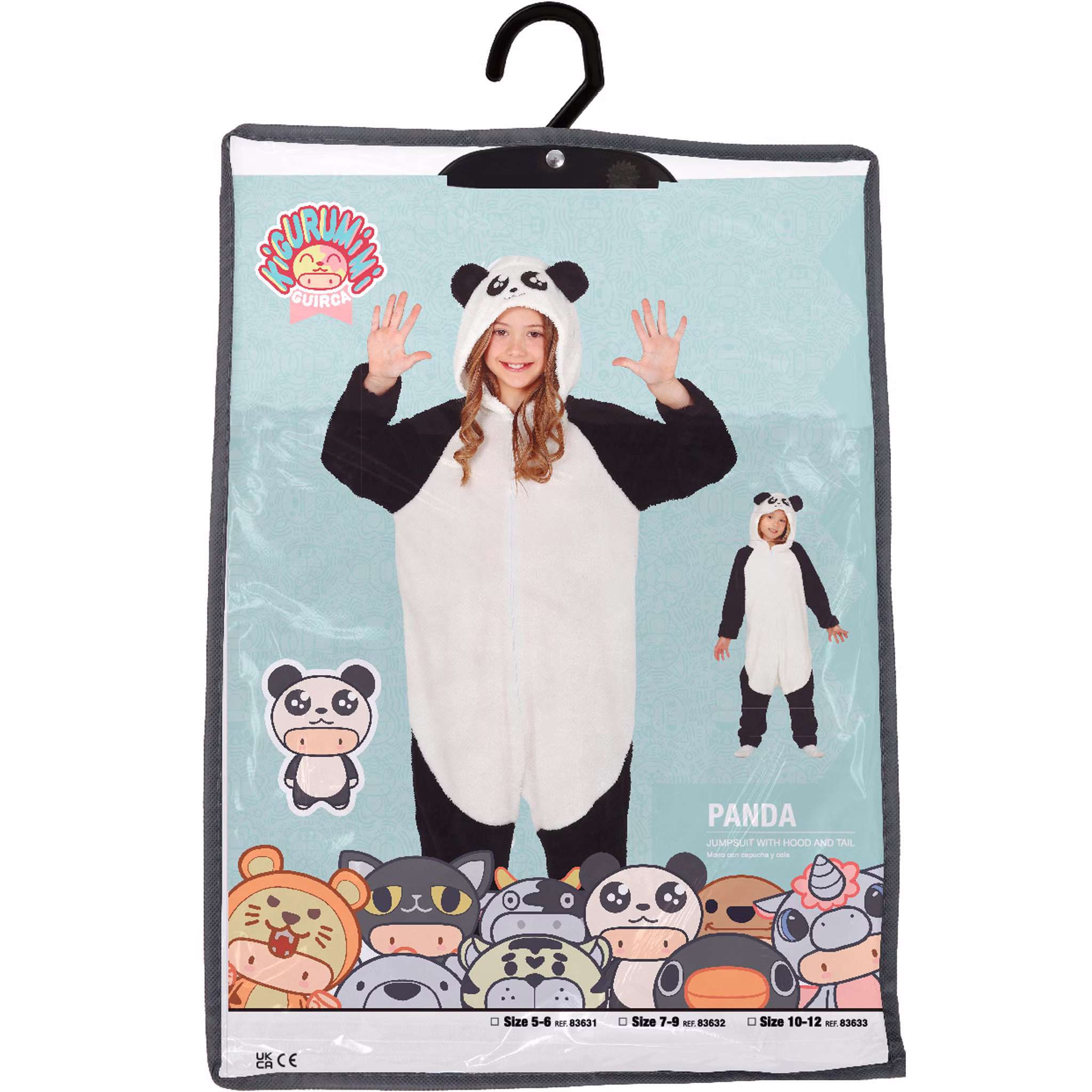 Panda Bär Kostüm Han Li für Kinder 5-12 Jahre Tier schwarz weiß China Asien Fasching Karneval Mottoparty Kinderfasching Verpackung des Panda-Kinderkostüms mit Abbildung eines Kindes im schwarz-weißen Ganzkörper-Pandakostüm mit Kapuze und Ohren.