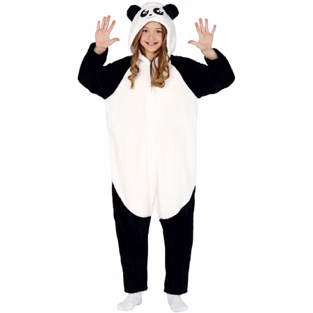 Panda Bär Kostüm Han Li für Kinder 5-12 Jahre Tier schwarz weiß China Asien Fasching Karneval Mottoparty Kinderfasching Kind trägt das Panda-Kostüm von vorne mit erhobenen Armen, sichtbar sind Kapuze, Reißverschluss und lockerer Schnitt.