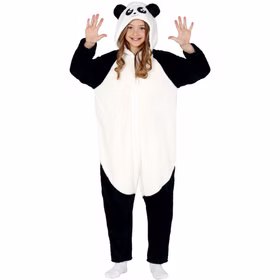 Kind trägt das Panda-Kostüm von vorne mit erhobenen Armen, sichtbar sind Kapuze, Reißverschluss und lockerer Schnitt.