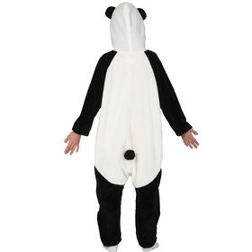 Kind trägt das Panda-Kostüm von vorne mit erhobenen Armen, sichtbar sind Kapuze, Reißverschluss und lockerer Schnitt.