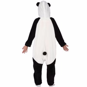 Rückansicht des Panda-Kinderkostüms mit Kapuze, schwarzem Rückenbereich und kleinem angenähtem Schwanz.