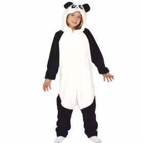 Kind im Panda-Ganzkörperkostüm steht frontal, schwarz-weißes Design mit Kapuze und langen Ärmeln.