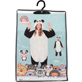 Kind trägt das Panda-Kostüm von vorne mit erhobenen Armen, sichtbar sind Kapuze, Reißverschluss und lockerer Schnitt.