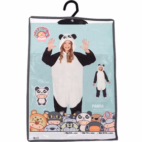 Verpackung des Panda-Kinderkostüms mit Abbildung eines Kindes im schwarz-weißen Ganzkörper-Pandakostüm mit Kapuze und Ohren.