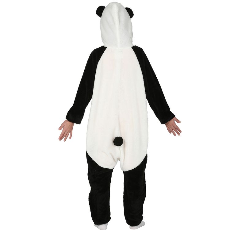 Panda Bär Kostüm Han Li für Kinder Kind trägt das Panda-Kostüm von vorne mit erhobenen Armen, sichtbar sind Kapuze, Reißverschluss und lockerer Schnitt.