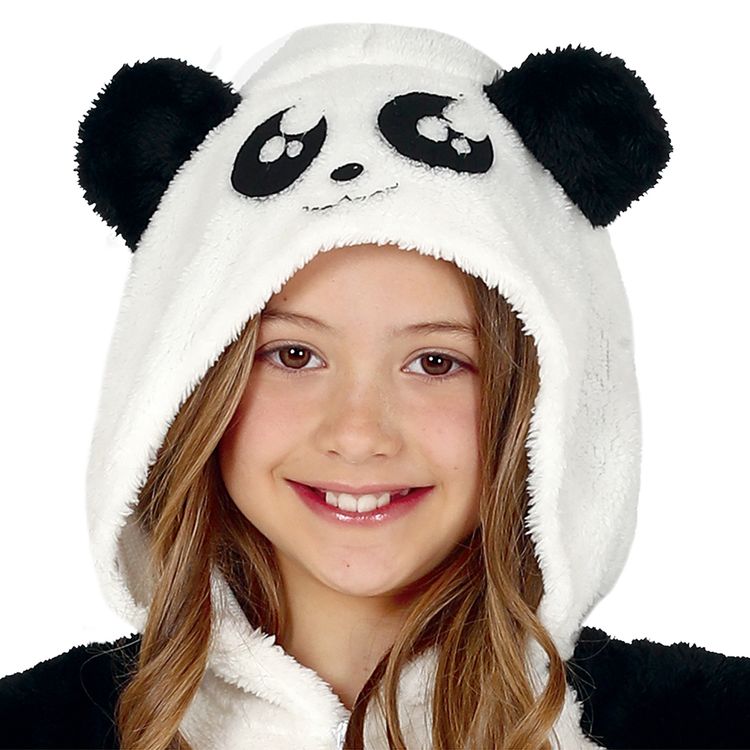 Panda Bär Kostüm Han Li für Kinder Kind trägt das Panda-Kostüm von vorne mit erhobenen Armen, sichtbar sind Kapuze, Reißverschluss und lockerer Schnitt.
