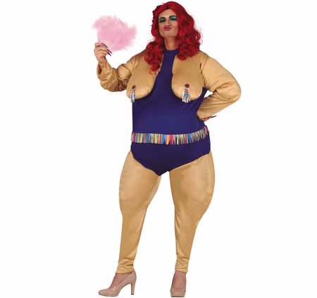 Männerballett Kostüm Drag Queen Olivia für Herren Gr. 52/54 Fasching Karneval Mottoparty JGA Spaßkostüm Frontansicht eines humorvollen Drag-Queen-Kostüms für Herren mit gepolstertem Ganzkörper-Jumpsuit, freiliegendem Brustdesign mit bunten Fransen, dunkelblauem Body, roter Perücke und pinkem Fächer vor weißem Hintergrund.