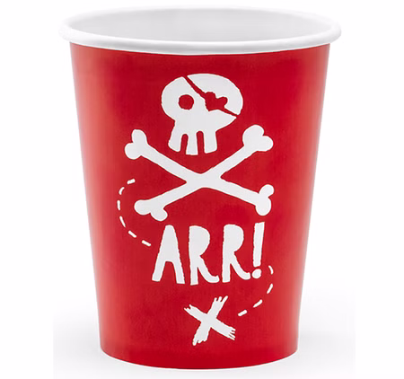 Piraten Partybecher Rot Schwarz Weiß 6 Stück 220 ml Piratenparty Deko Tisch-Deko Geburtstag Kindergeburtstag Mottoparty Piratenparty Roter Piraten-Pappbecher mit weißem Totenkopf-, Knochen- und ARR-Motiv auf hellem Hintergrund.