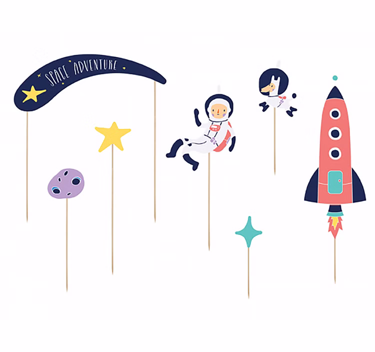 Astronaut Kuchen-Deko 7-tlg. Rakete & Weltraum Tortenstecker Space Party Weltraum Dekoration Kuchen-Deko Torten Dekoration SALE Mottoparty Kindergeburtstag 7-teilige Astronauten-Kuchendeko mit Rakete, Astronauten, Sternen, Planet und „Space Adventure“-Schriftzug auf Holzstäbchen.