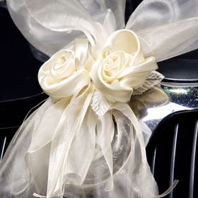 Cremefarbene Organza-Girlande mit Rosenblüten in V-Form auf der Motorhaube eines schwarzen Autos als elegante Hochzeitsdekoration befestigt.