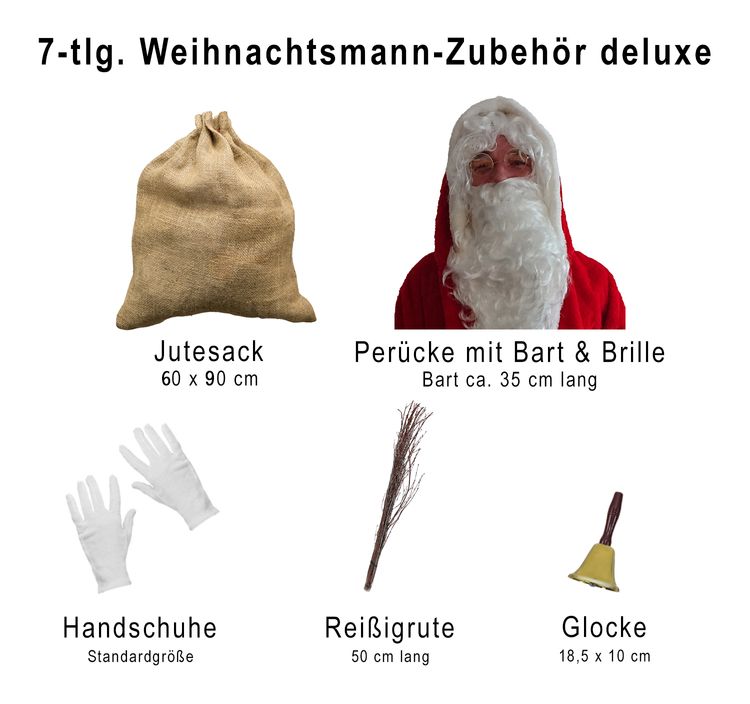 Deluxe Weihnachtsmann Kostüm Zubehör Set 7-tlg. Nikolaus Weihnachten Heiligabend Weihnachtsfeier