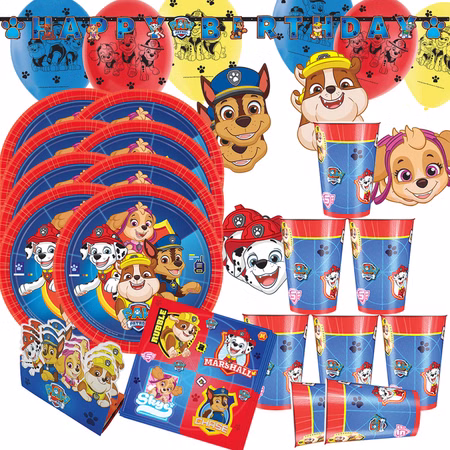 Paw Patrol Party-Set Hunde Tisch-Deko 55-tlg. Kindergeburtstag Party-Zubehör SALE Party-Deko Mottoparty Komplettübersicht des 55-teiligen Paw Patrol Party-Sets mit Tellern, Bechern, Servietten, Banner, Luftballons, Masken und Einladungskarten im Hunde-Design.