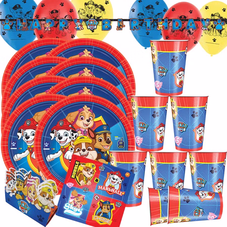 Paw Patrol Kindergeburtstag Party Set komplett Komplettes Paw Patrol Party-Set mit Tellern, Bechern, Servietten, Einladungskarten, Luftballons und Happy Birthday Girlande.
