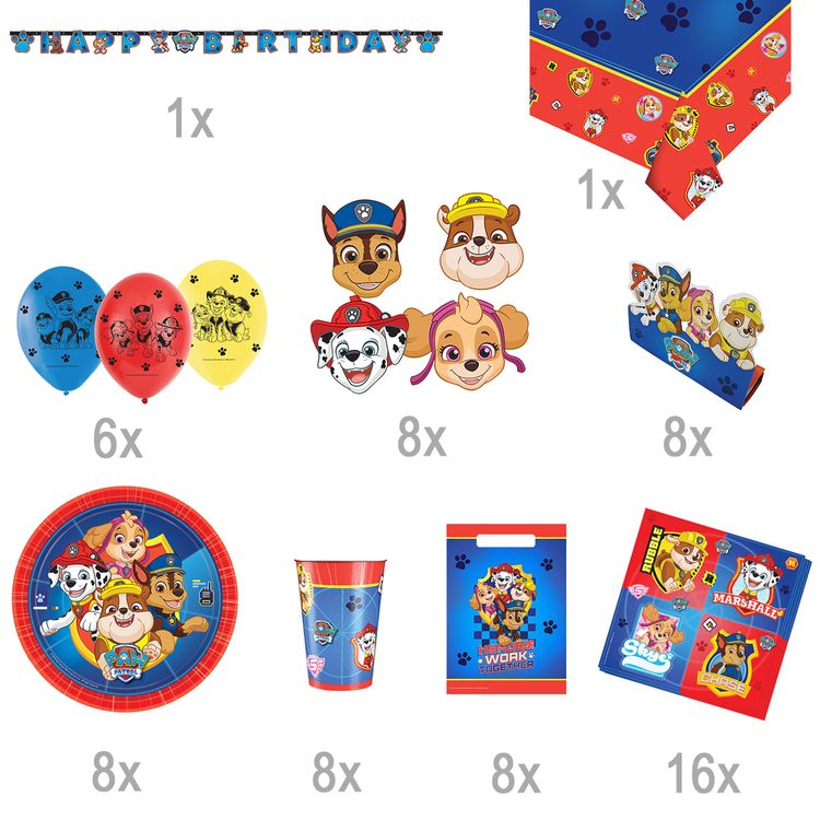 Paw Patrol Party-Set Kindergeburtstag 64-tlg. Party-Deko Geschirr Luftballons Dekoration Geburtstag Filmheld Fasching Karneval Mottoparty Kids-Party