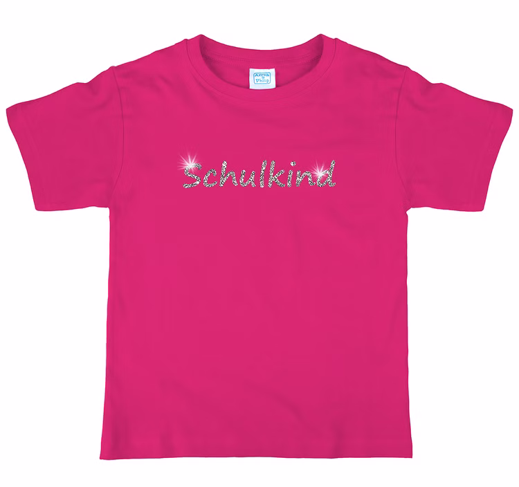 T-Shirt Schulanfang Schulkind mit Glitzer für Kinder SALE Gr. 110-116 SALE pink Zuckertüte Schuleingang Geschenkidee Bekleidung Mädchen Rosa Kinder T-Shirt mit silbernem Glitzer-Schriftzug „Schulkind“ von Vorne.